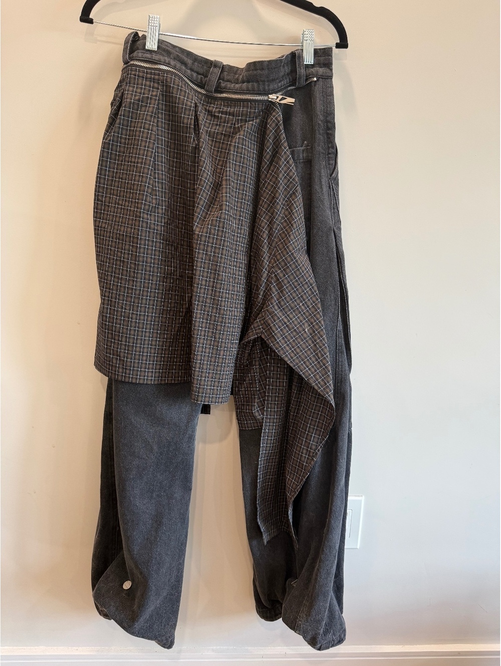Unique Black Denim Pants with Zip-On Brown & Blue Checked Skirt Panel, Size s